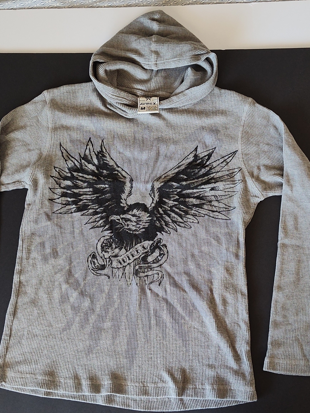 Avirex Y2K Vintage Gray Hooded Men's Thermal Shirt Pullower Hoodie Eagle Size M